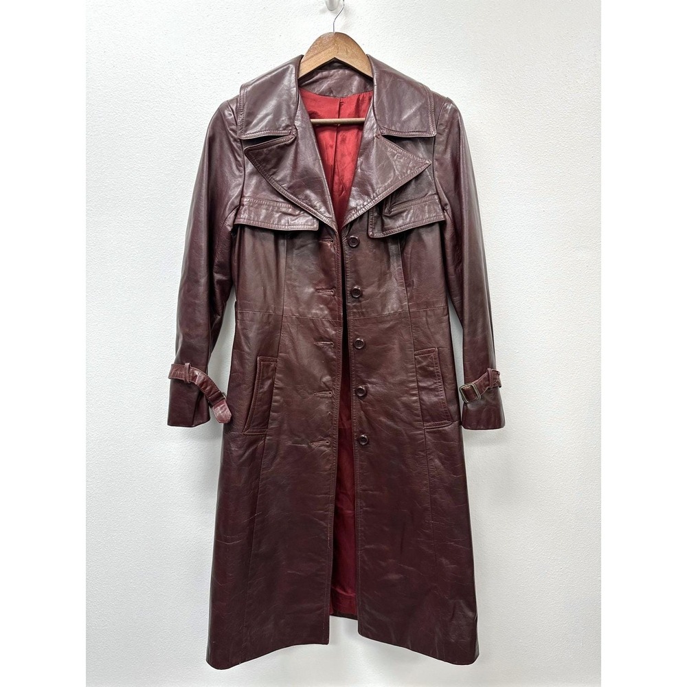 Vintage 1970s Skin Flair Leather Overcoat Trench Maroon XS